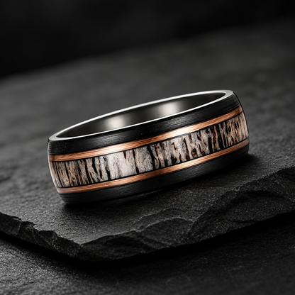 Black Tungsten Ring with Deer Antler & Rose Gold Strip