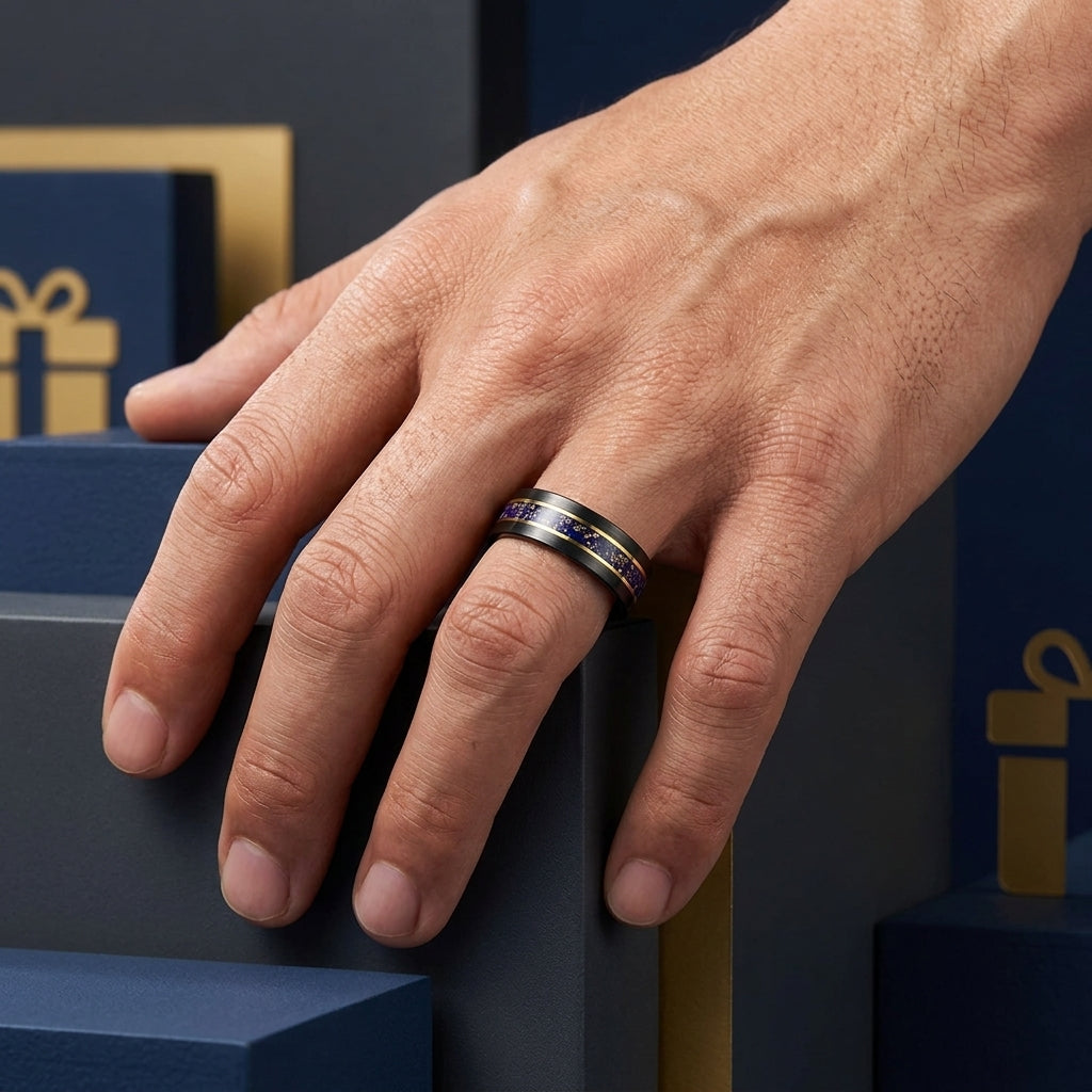 Black Tungsten Ring with Gold Edge & Lazuli Inlay