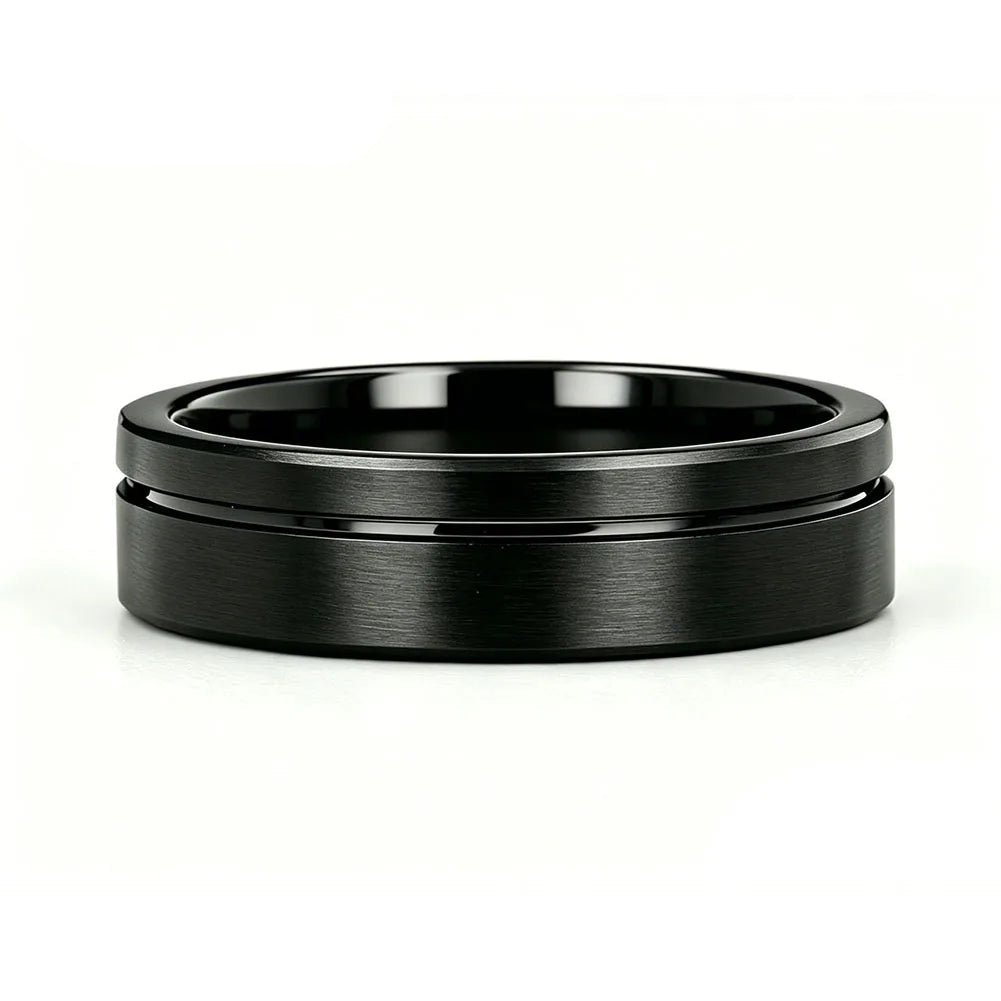 Black Tungsten Ring with Blue Groove Line