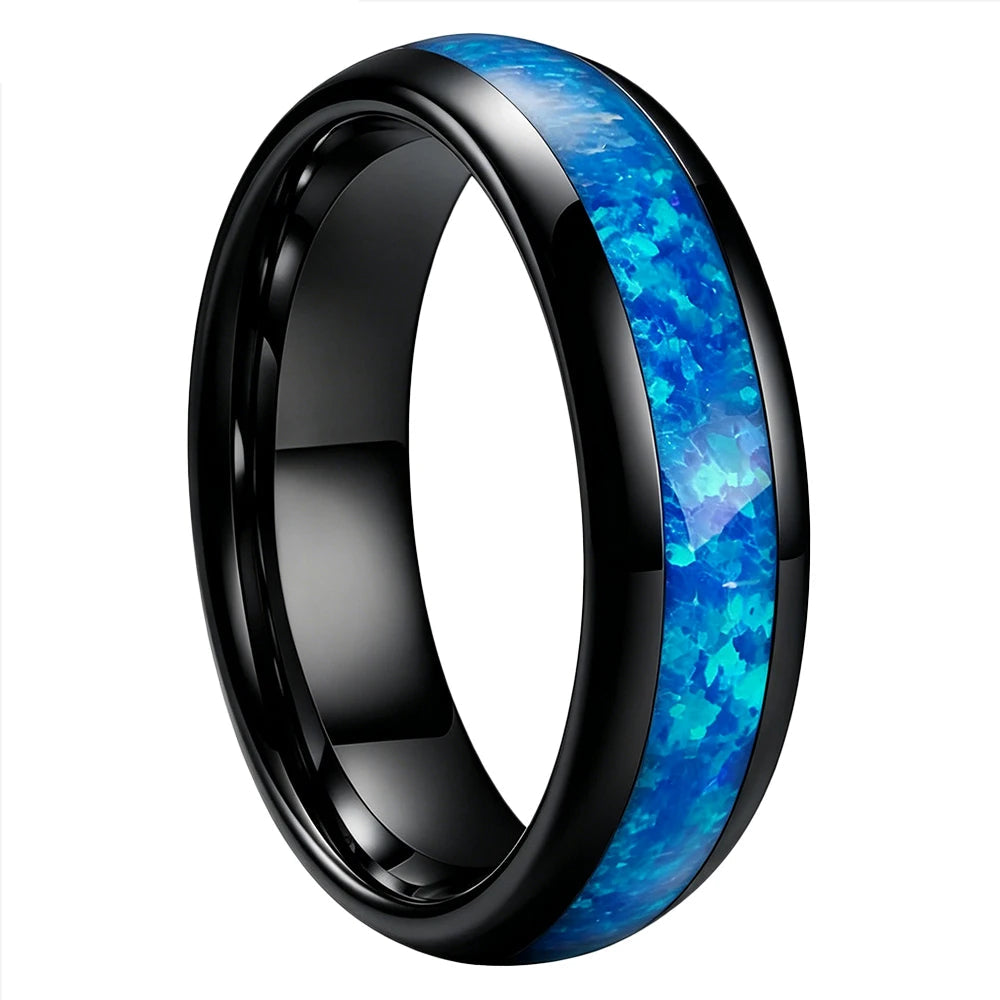 Black Tungsten Ring with Blue Opal Inlay