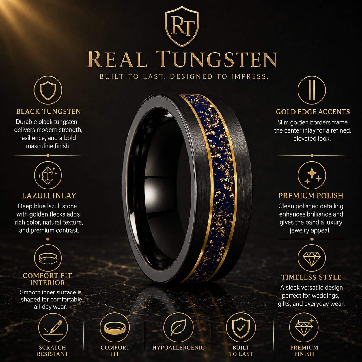 Black Tungsten Ring with Gold Edge & Lazuli Inlay
