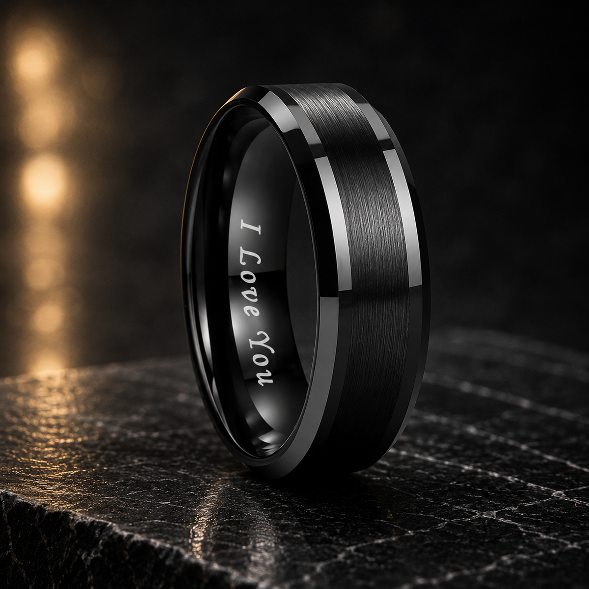 Black Tungsten Ring with I Love You Engraving