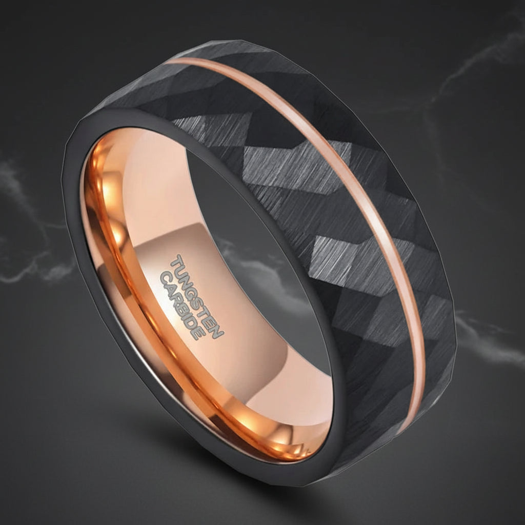 Black Tungsten Ring with Rose Gold Groove
