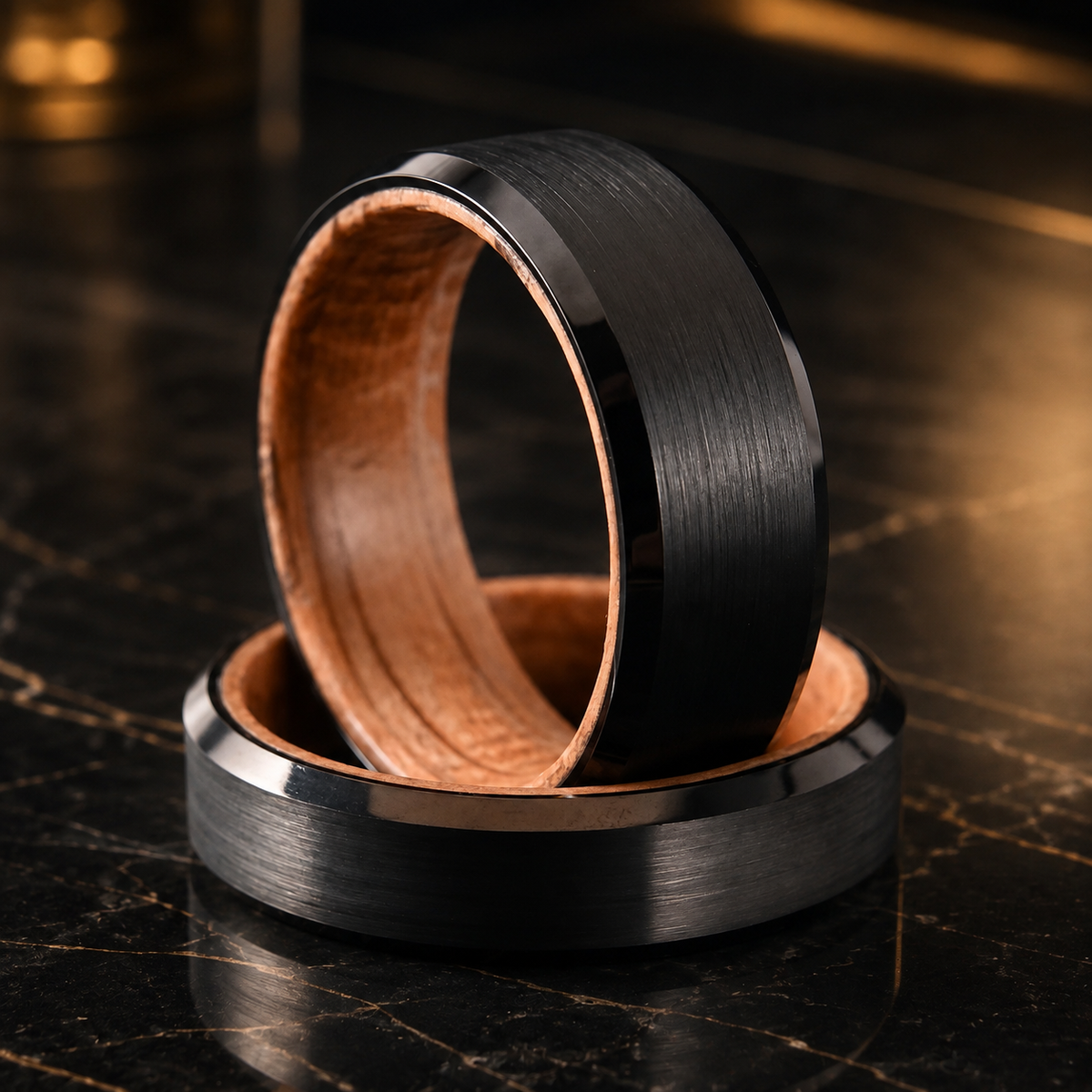 Black Tungsten Ring with Whiskey Barrel Wood Interior