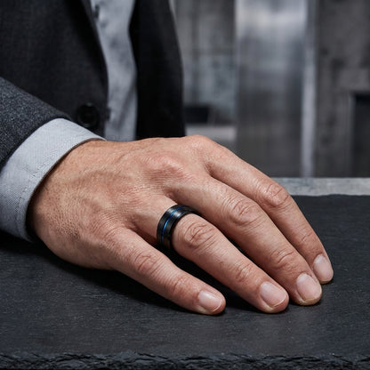 Black Tungsten Wedding Band with Blue Offset Groove