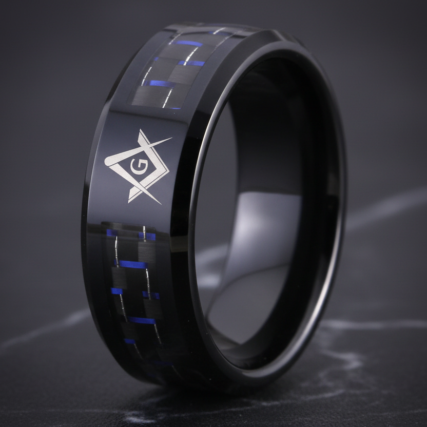 Black Tungsten With Fiber Masonic Ring