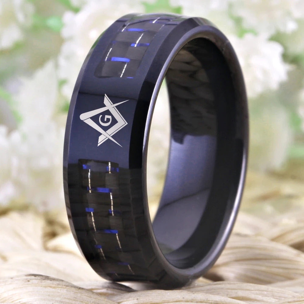 Black Tungsten With Fiber Masonic Ring