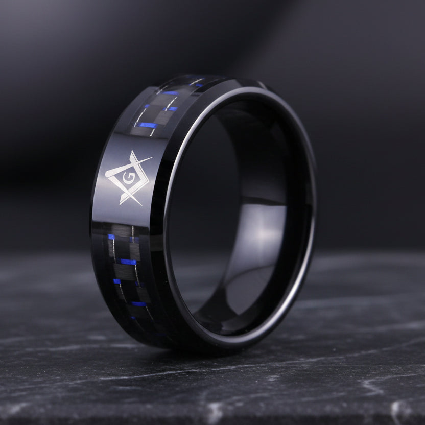 Black Tungsten With Fiber Masonic Ring