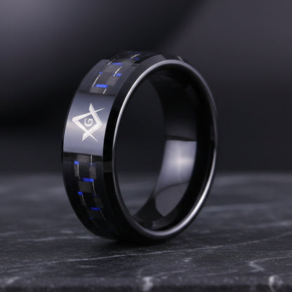 Black Tungsten With Fiber Masonic Ring