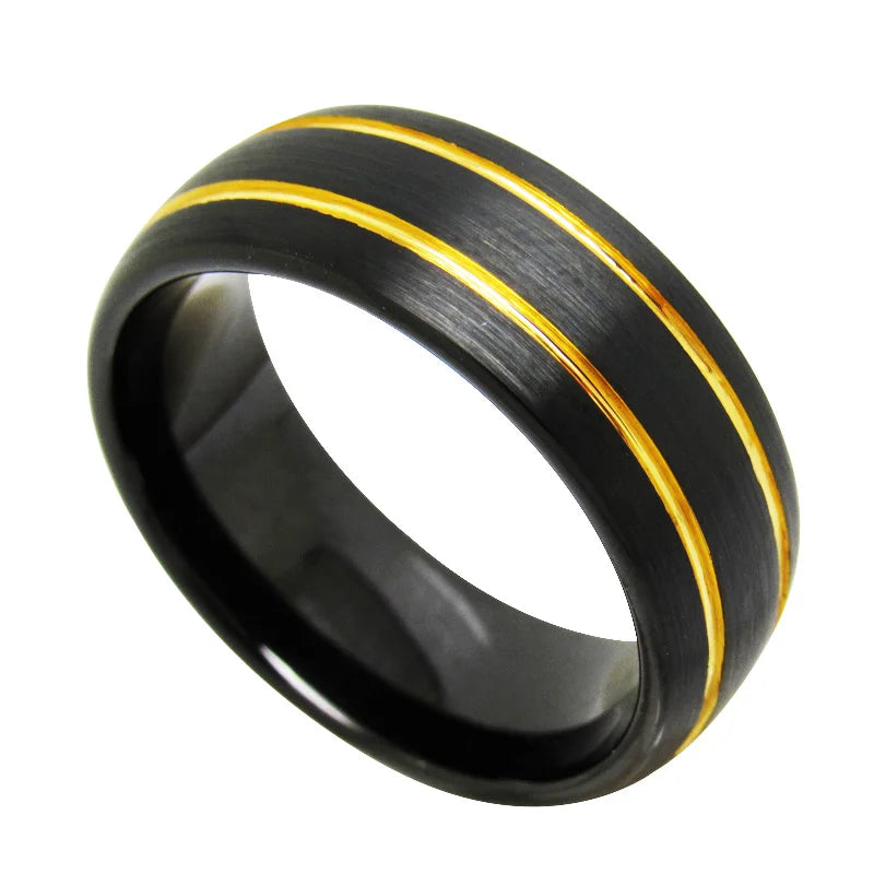 Black With Golden Grooves Tungsten Ring