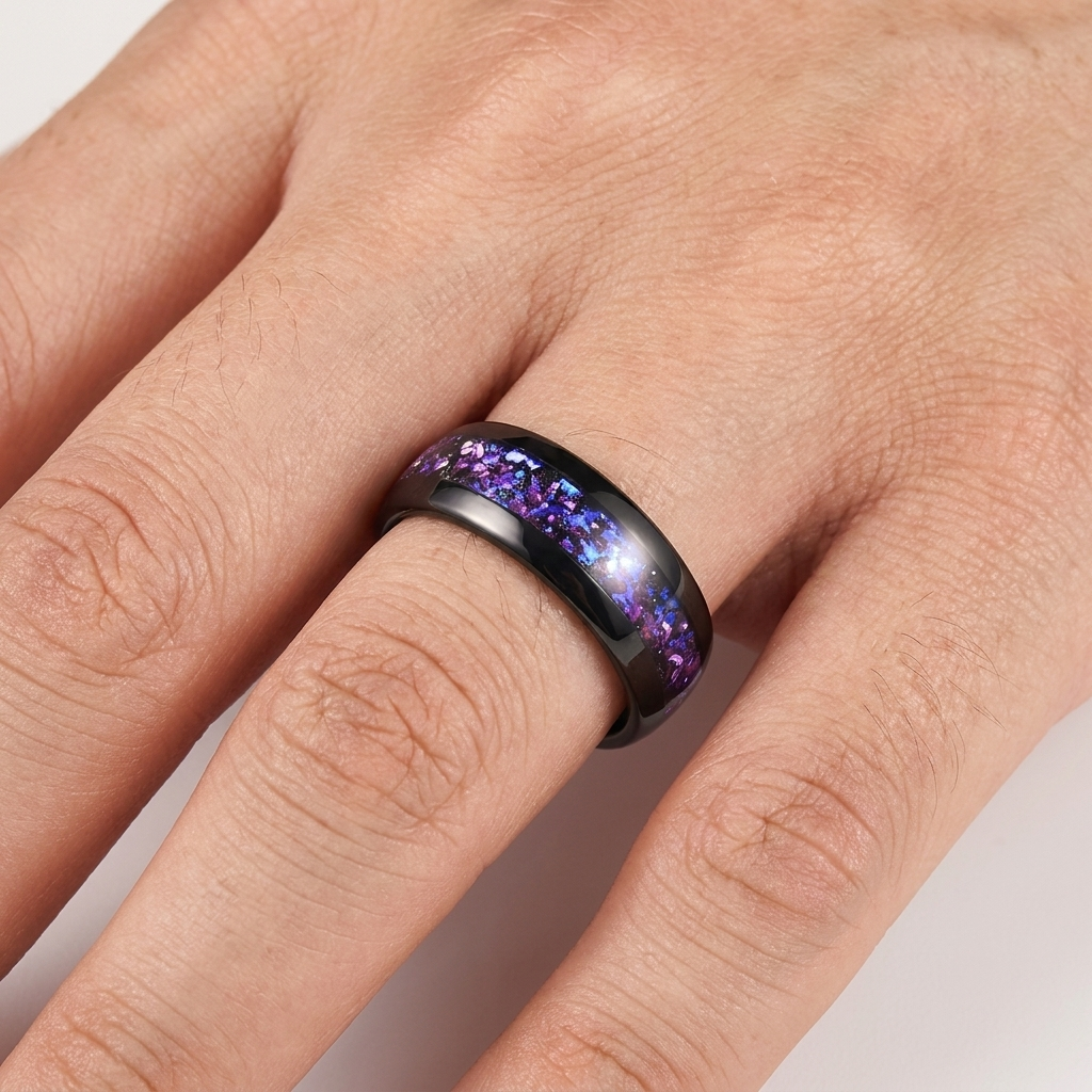 Black Tungsten Ring with Amethyst Inlay