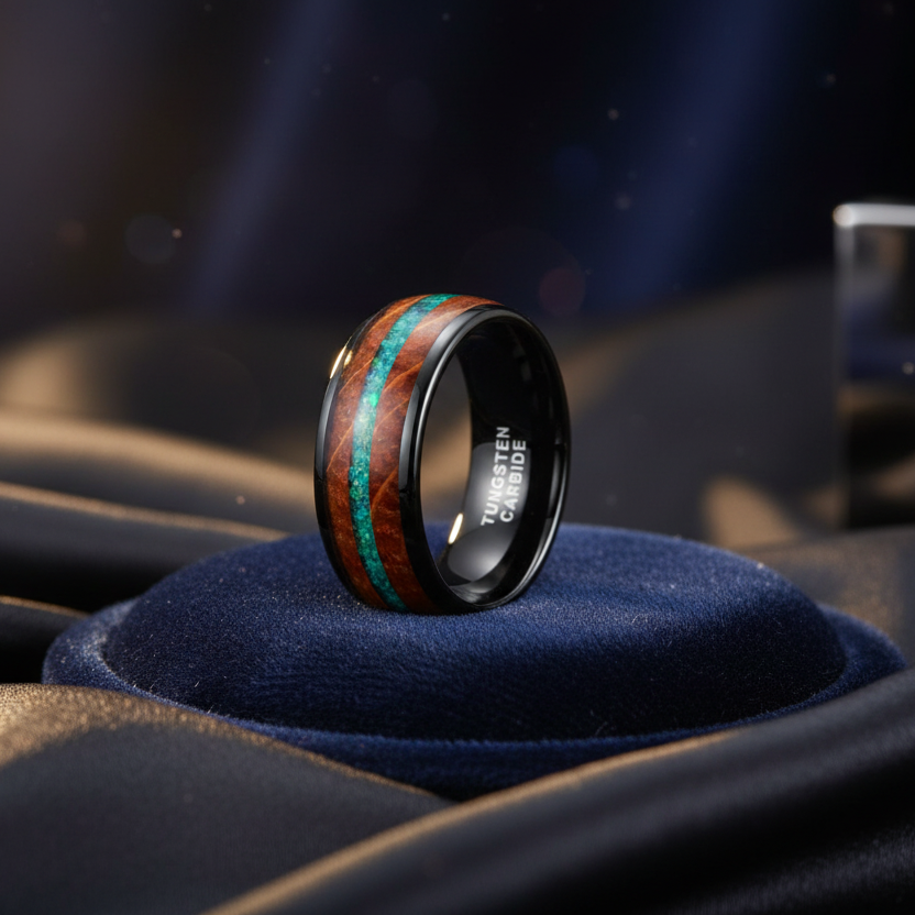 Black Tungsten Ring with Wood Inlay