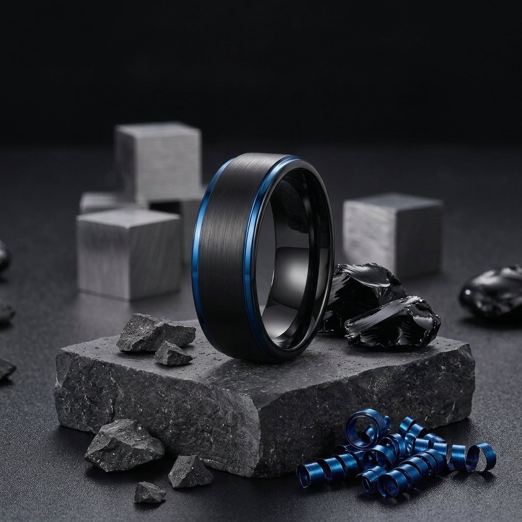 Black & Blue Tungsten Carbide Wedding Band