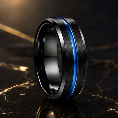 Black Brushed Tungsten Ring with Blue Groove Line
