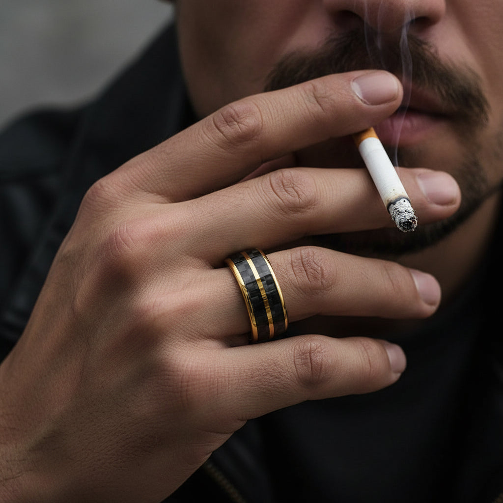 Black Carbon Fiber Double-Groove Tungsten Ring