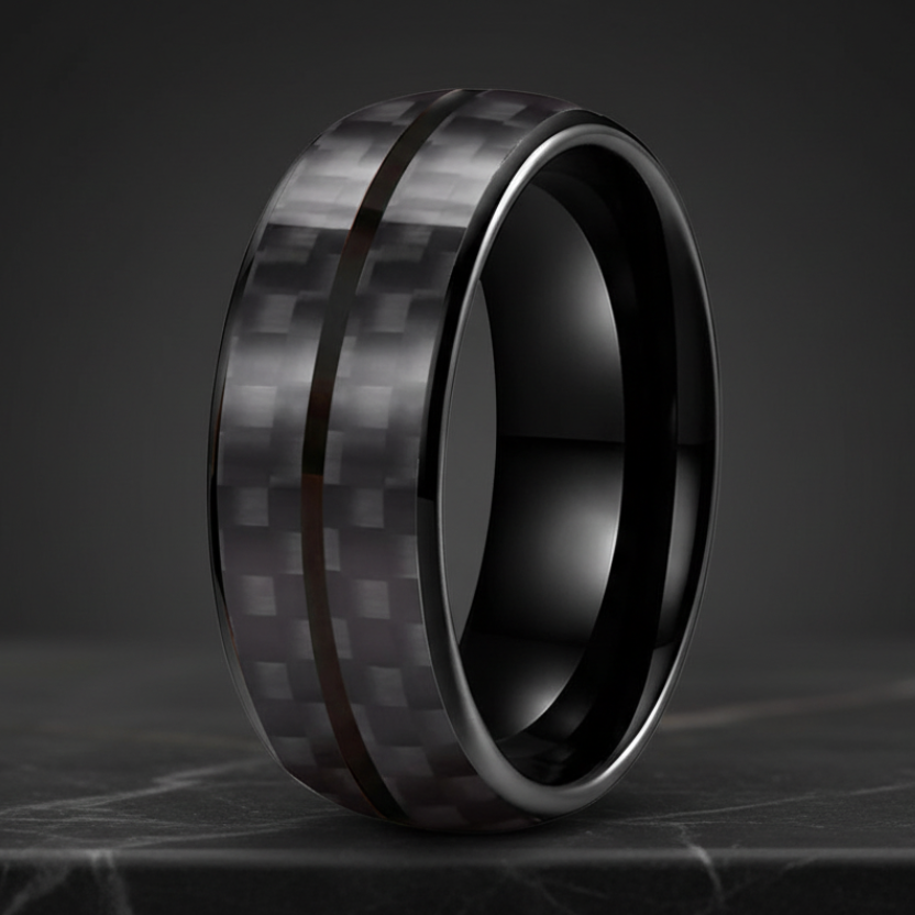 Black Carbon Fiber Double Groove Tungsten Wedding Band