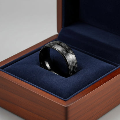 Black Carbon Fiber Double-Groove Tungsten Ring