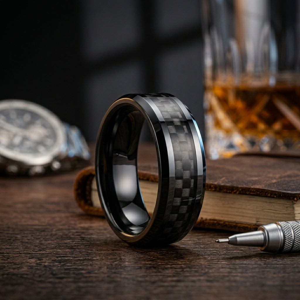 Black Carbon Fiber Tungsten Ring