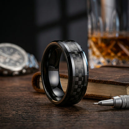 Black Carbon Fiber Tungsten Ring