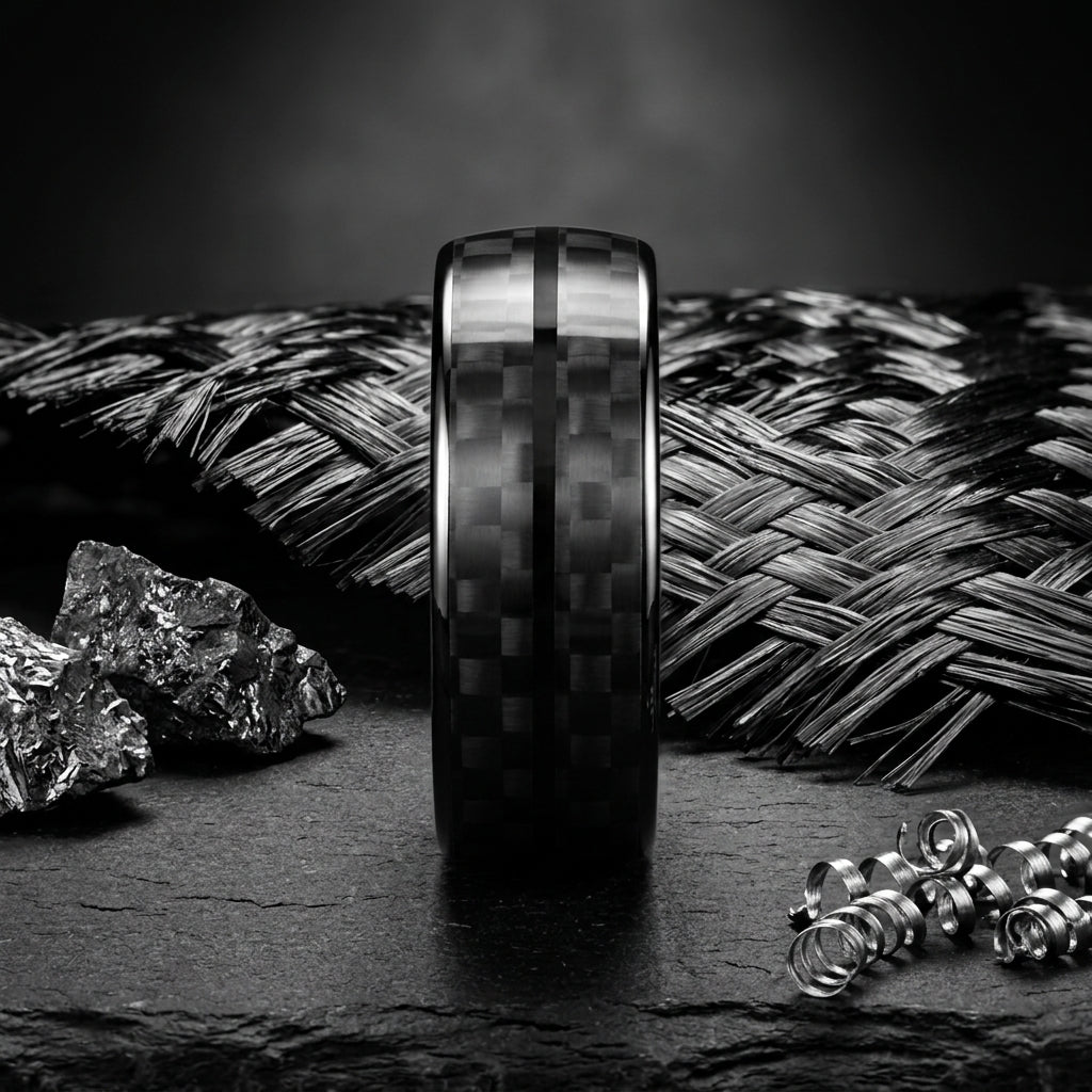 Black Carbon Fiber Double Groove Tungsten Wedding Band
