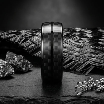 Black Carbon Fiber Double Groove Tungsten Wedding Band