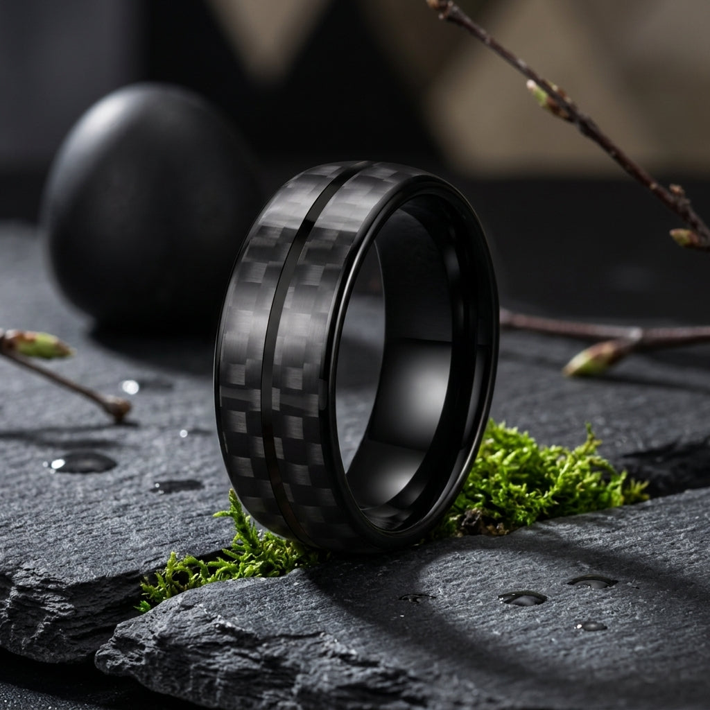 Black Carbon Fiber Double Groove Tungsten Wedding Band