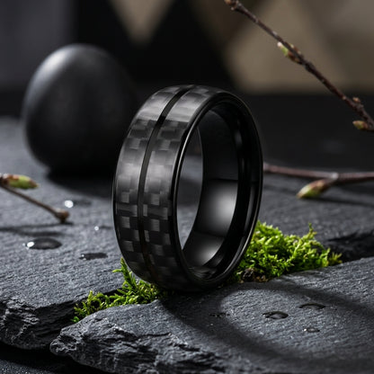 Black Carbon Fiber Double Groove Tungsten Wedding Band