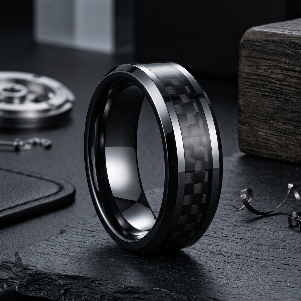 Black Carbon Fiber Tungsten Ring
