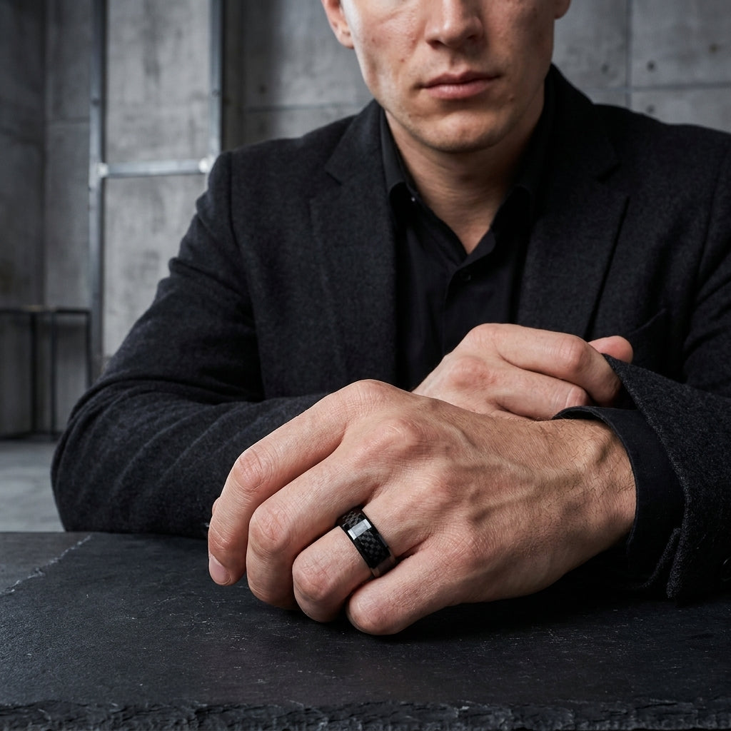 Black Carbon Fiber Tungsten Ring