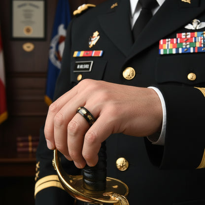 Black Damascus Steel Ring with Crushed Opal