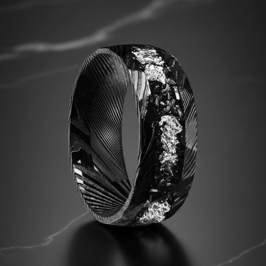 Black Damascus Steel Ring with Silver Inlay