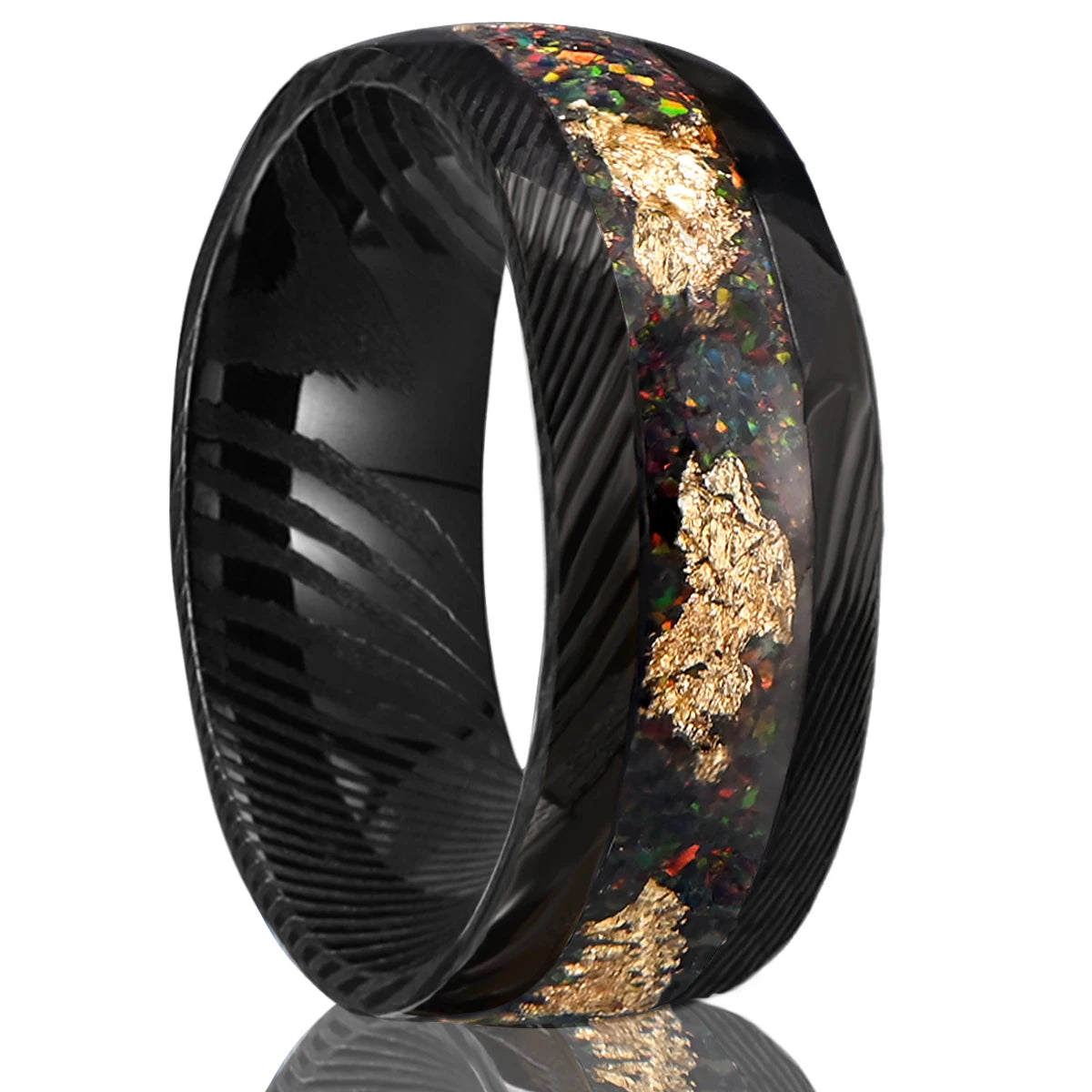 Black Damascus Steel Ring with Crushed Opal