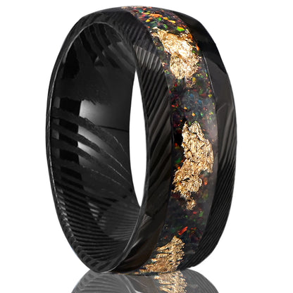 Black Damascus Steel Ring with Crushed Opal