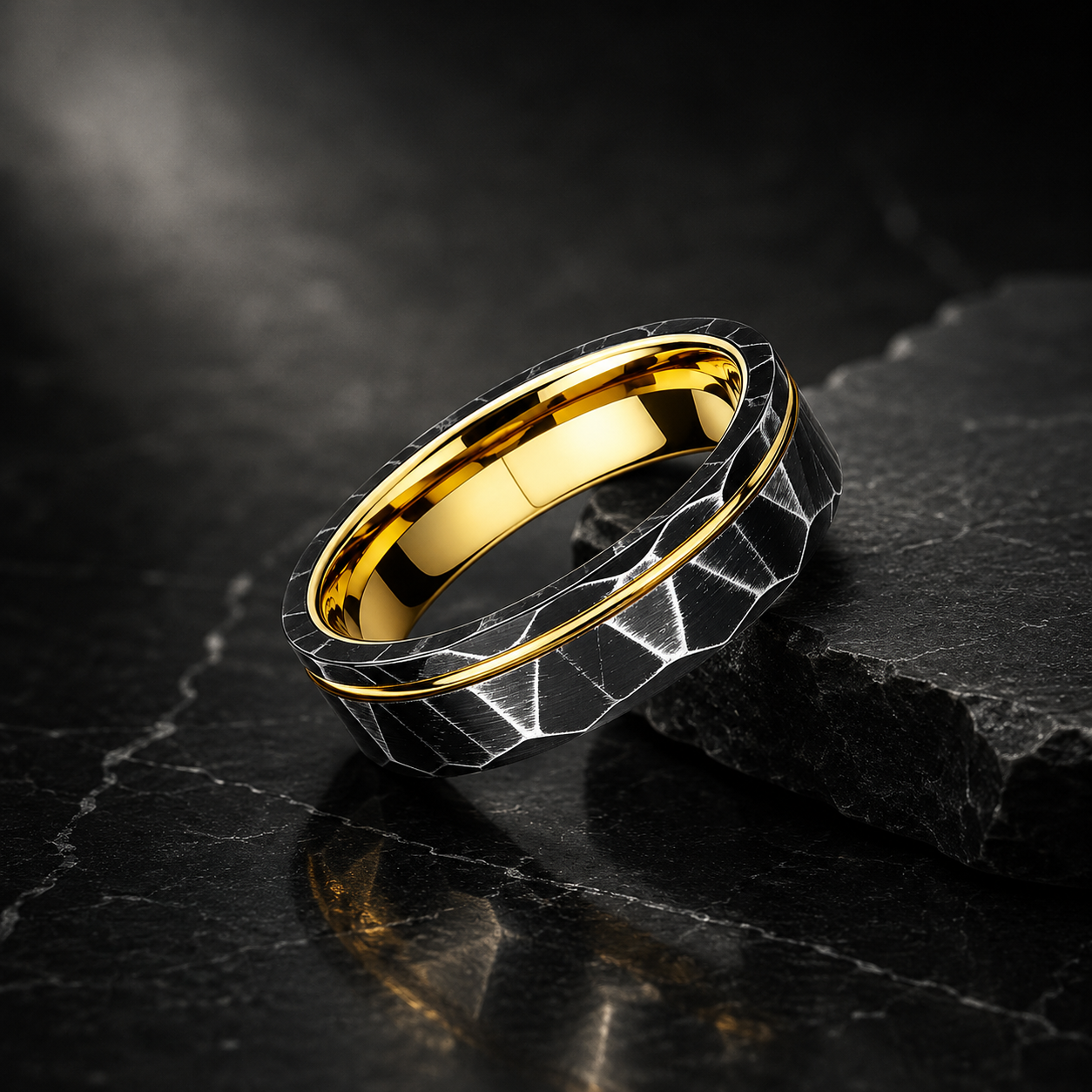 Black Hammered Tungsten Ring with Gold Groove