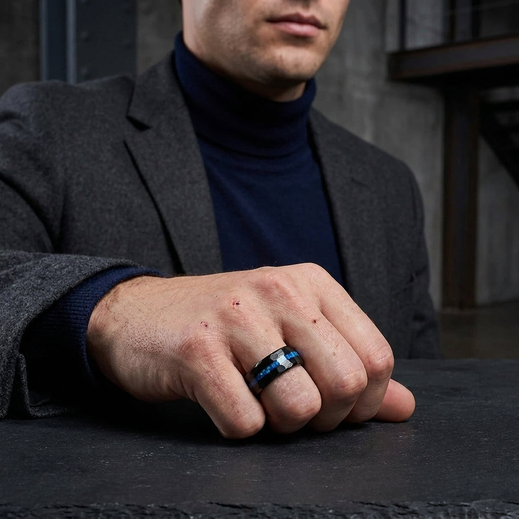 Black Hammered Tungsten Ring with Blue Opal Inlay