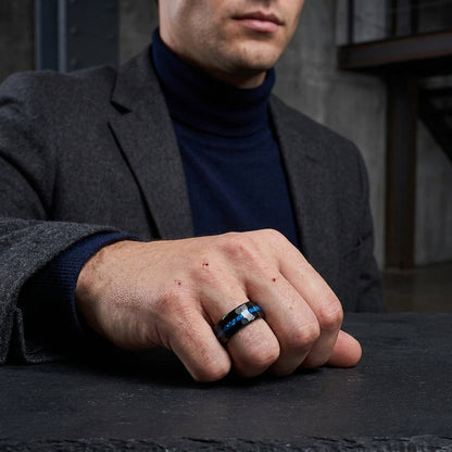 Black Hammered Tungsten Ring with Blue Opal Inlay