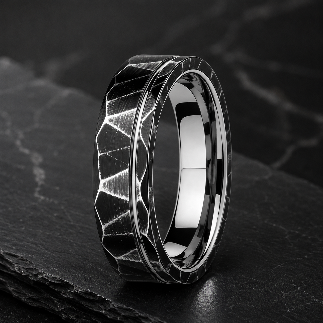 Black Hammered Tungsten Ring with Gold Groove