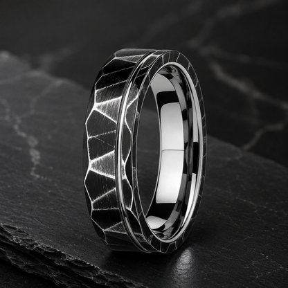 Black Hammered Tungsten Ring with Gold Groove