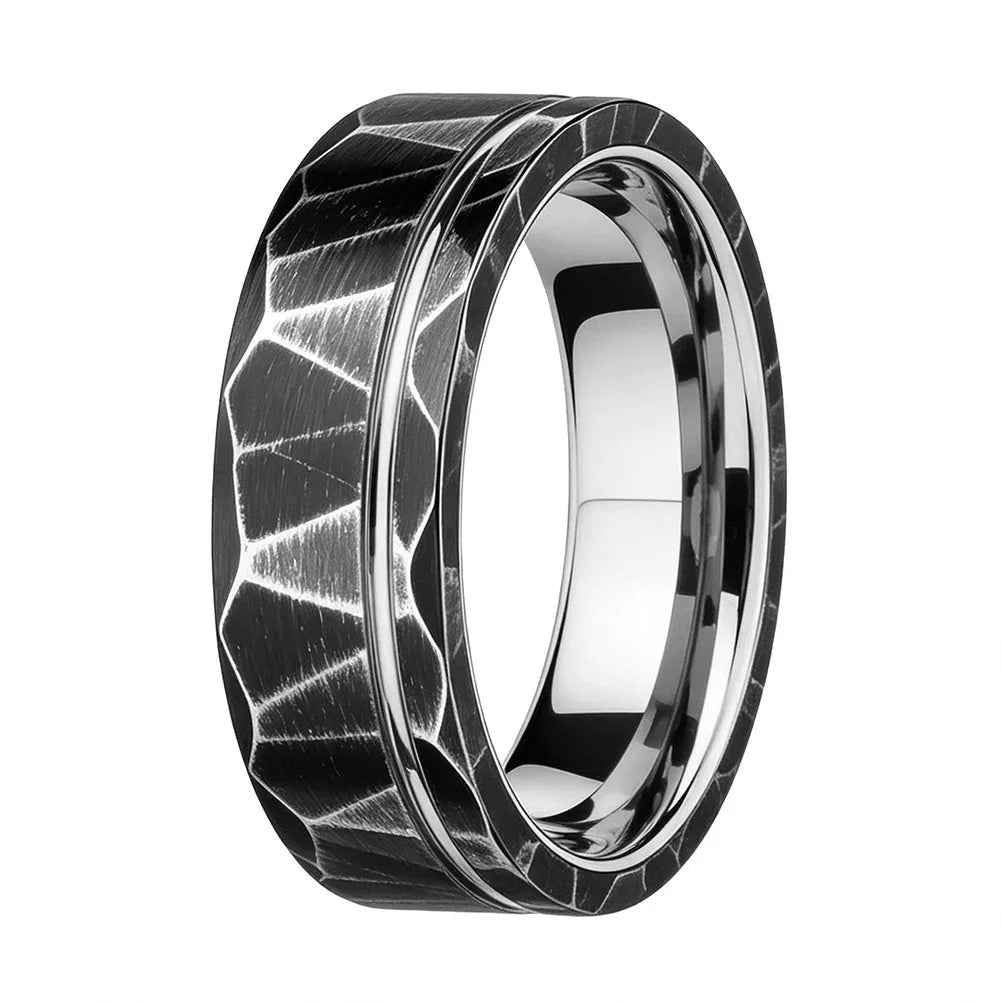 Black Hammered Tungsten Ring with Gold Groove