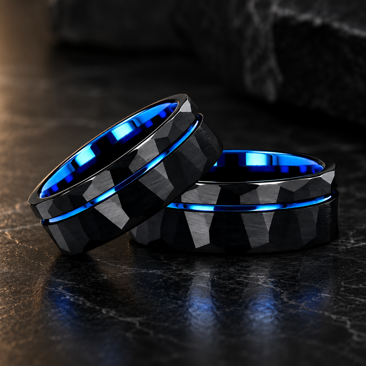 Black Hammered Tungsten Ring with Groove Line