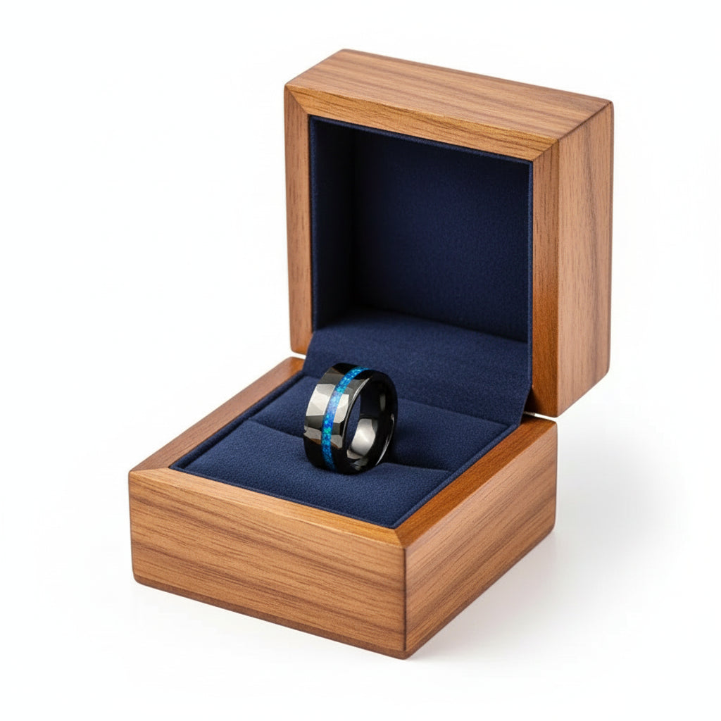 Black Hammered Tungsten Ring with Blue Auburn