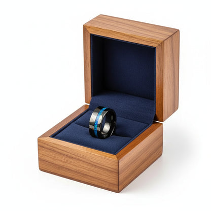 Black Hammered Tungsten Ring with Blue Auburn