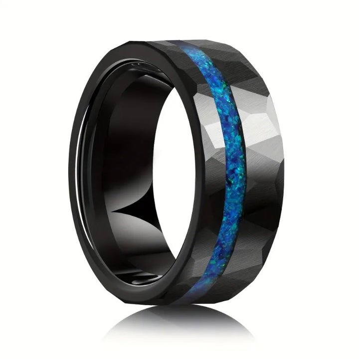 Black Hammered Tungsten Ring with Blue Auburn