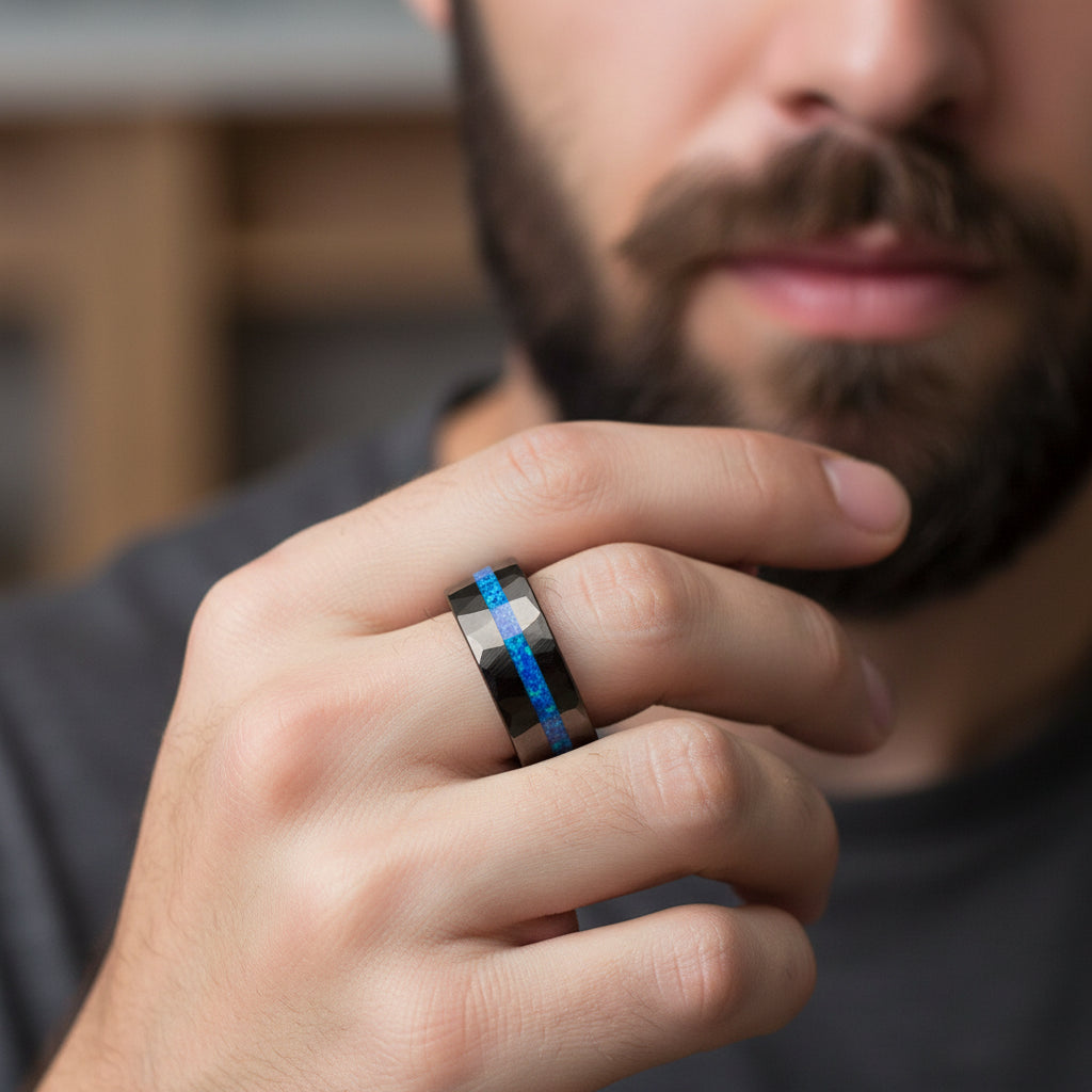 Black Hammered Tungsten Ring with Blue Auburn