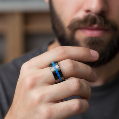 Black Hammered Tungsten Ring with Blue Auburn
