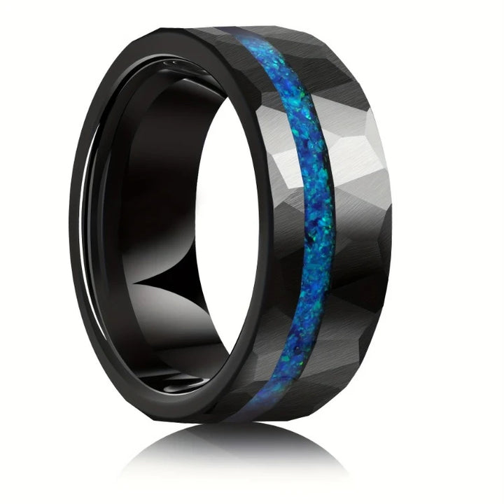Black Hammered Tungsten Ring with Blue Auburn