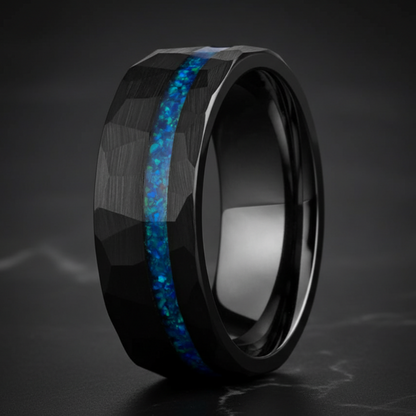 Black Hammered Tungsten Ring with Blue Opal Inlay