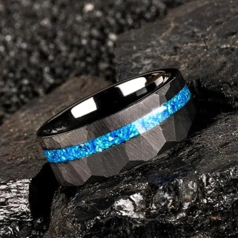 Black Hammered Tungsten Ring with Blue Auburn