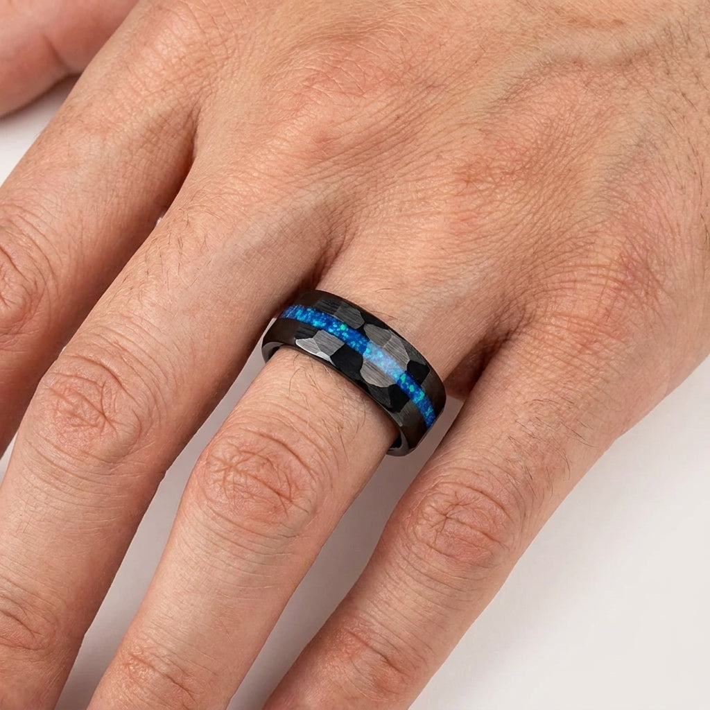 Black Hammered Tungsten Ring with Blue Opal Inlay