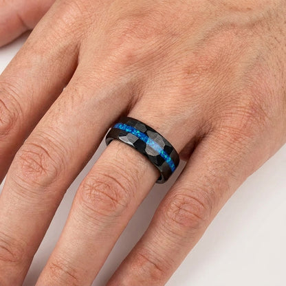 Black Hammered Tungsten Ring with Blue Opal Inlay